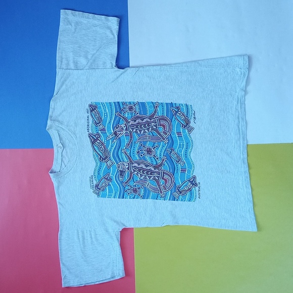 Vintage 90s Austrailia Aboriginal Art Crocodile Dreaming Graphic Single Stitch T - Picture 6 of 7